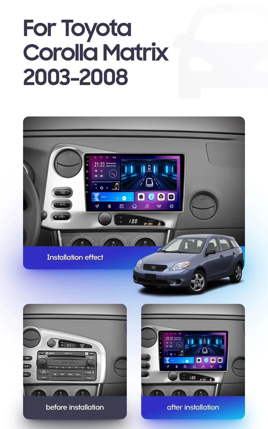 Android 14 For Toyota Matrix E130 E140 2002 2003 2004 2005 2006 Auto Radio Stereo Multimedia Player GPS Navigation No 2din DVD Android 14 For Toyota Matrix E130 E140 2002 2003 2004 2005 2006 Auto Radio Stereo Multimedia Player GPS Navigation No 2din DVD