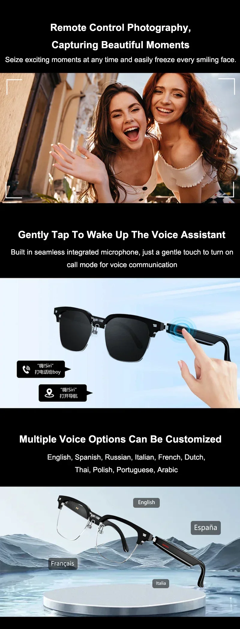 AI Real-time Translation Smart Glasses Wireless Bluetooth Call & Voice Assistant Touch Control Glasses with Mic Speaker Earphone