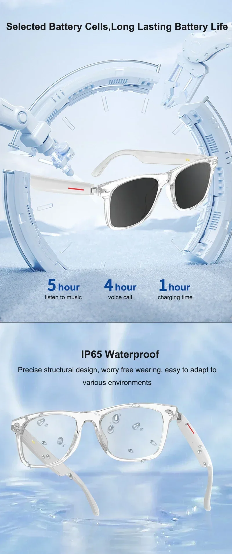 AI Real-time Translation Smart Glasses Wireless Bluetooth Call & Voice Assistant Touch Control Glasses with Mic Speaker Earphone