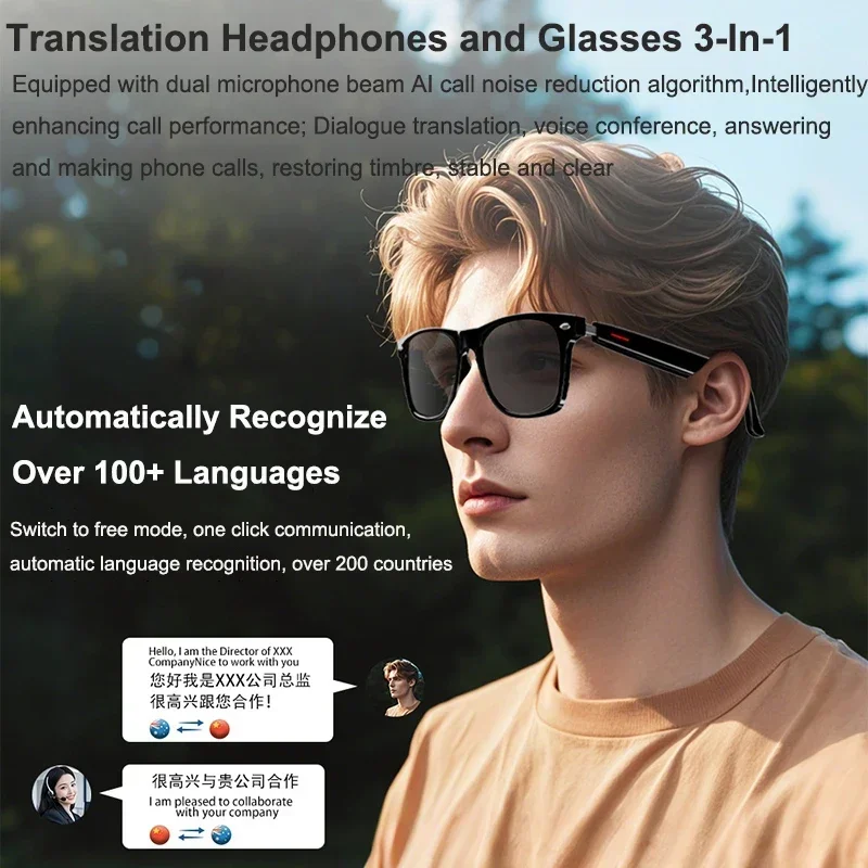 AI Real-time Translation Smart Glasses Wireless Bluetooth Call & Voice Assistant Touch Control Glasses with Mic Speaker Earphone