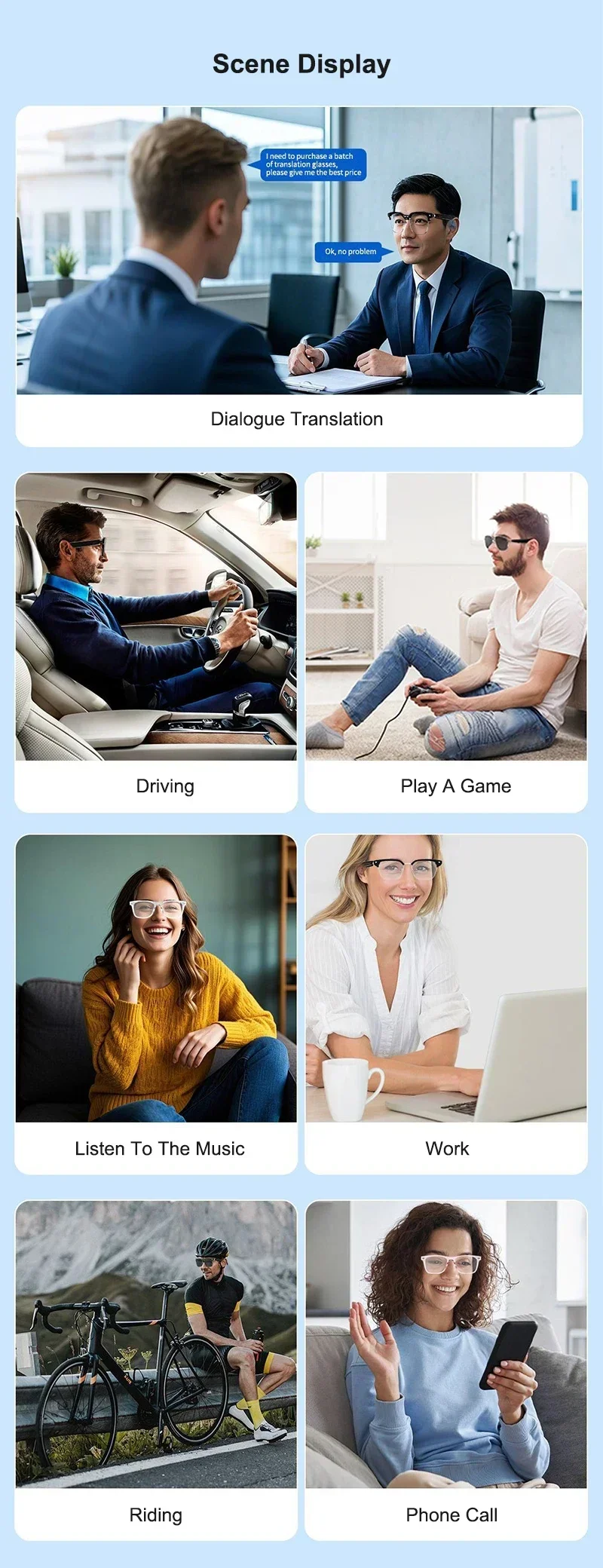 AI Real-time Translation Smart Glasses Wireless Bluetooth Call & Voice Assistant Touch Control Glasses with Mic Speaker Earphone