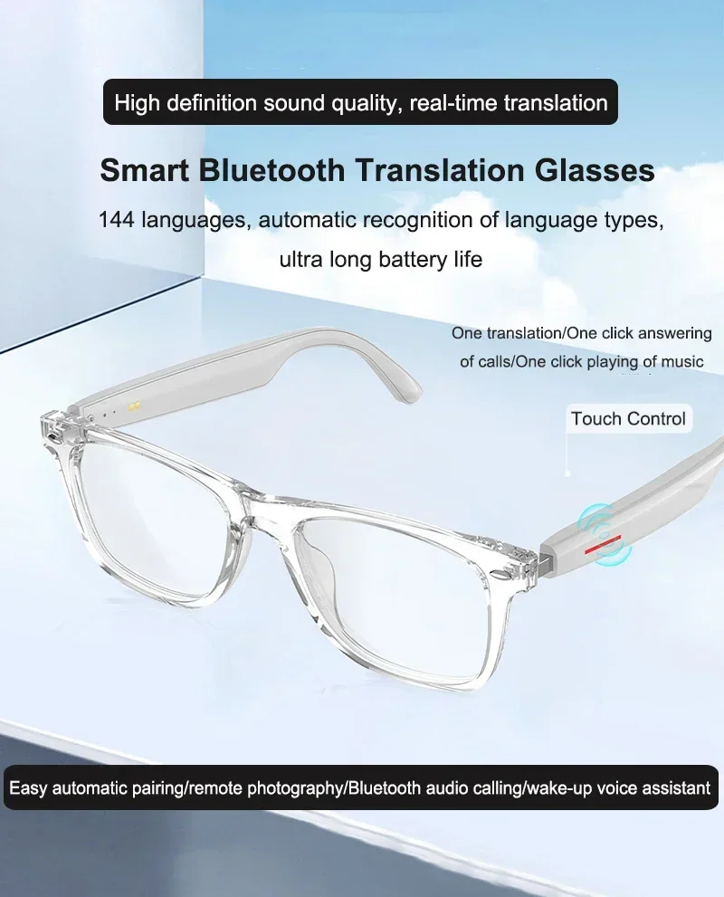 AI Real-time Translation Smart Glasses Wireless Bluetooth Call & Voice Assistant Touch Control Glasses with Mic Speaker Earphone
