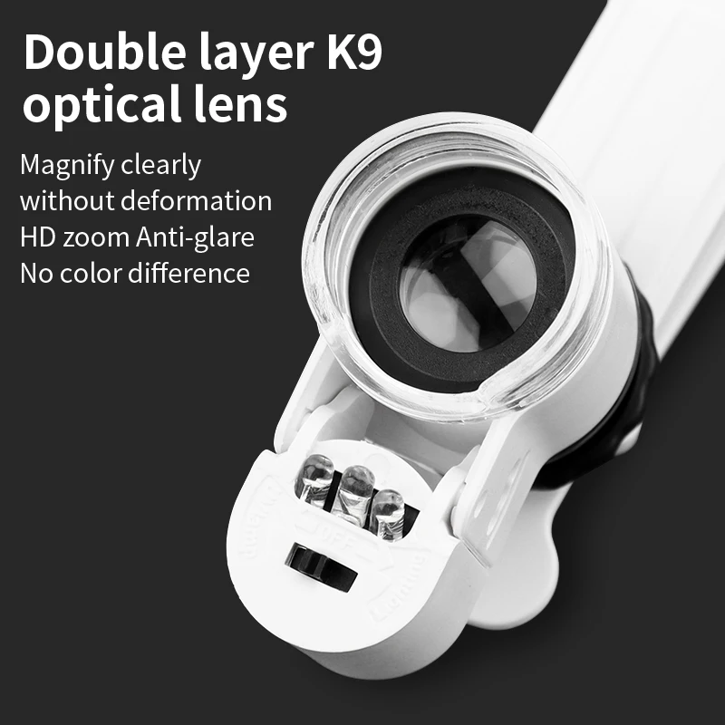 LUXIANZI Magnifying Glass 50X Zoom Microscope With LED UV Light Mobile Phone Clip Focusing Adjusted Pocket Universal Magnifier