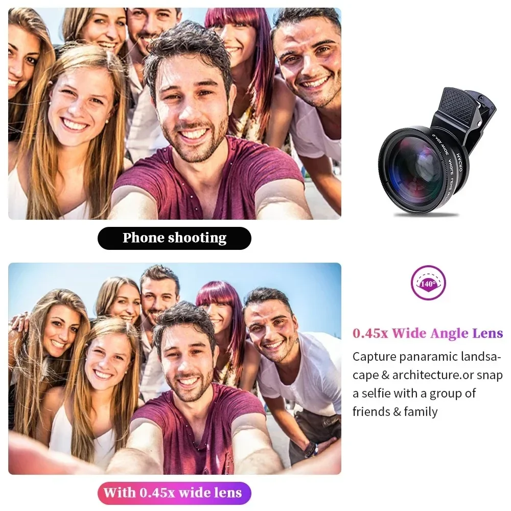 2 In 1 Clip-on Fish Eye Magnifiers Mobile Phone Lens Professional Mobile Phone Camera Lenses 15X Macro 0.45X Super Wide Angle