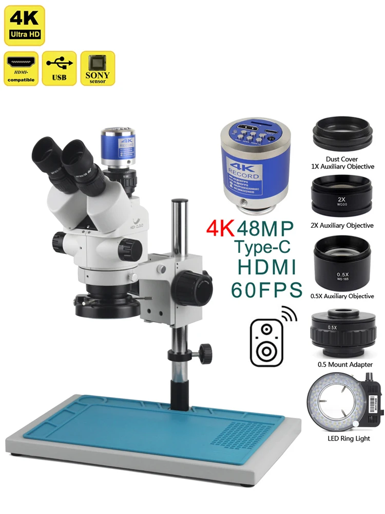 3.5X-90X Simul-Focal Stereo Trinocular Microscope 4K 2K 48MP 1080P HDMI USB Digital Video Camera For PCB Phone Soldering Repair 3.5X-90X Simul-Focal Stereo Trinocular Microscope 4K 2K 48MP 1080P HDMI USB Digital Video Camera For PCB Phone Soldering Repair