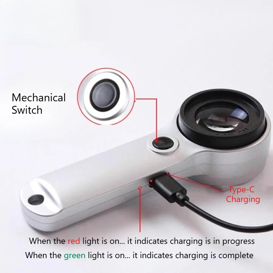 60X HD Magnifying Glass with UV Purple Light LED - Rechargeable for Jewelry, Antiques Reading, Electronics Repair for Seniors