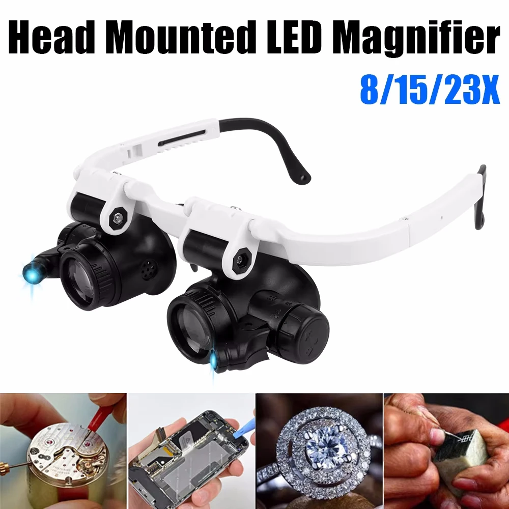 Head-Mounted Microscope Watch Jeweler Repair Magnifier with LED Light 8X 15X 23X Telescopic Magnifying Glasses Reading Loupe Len