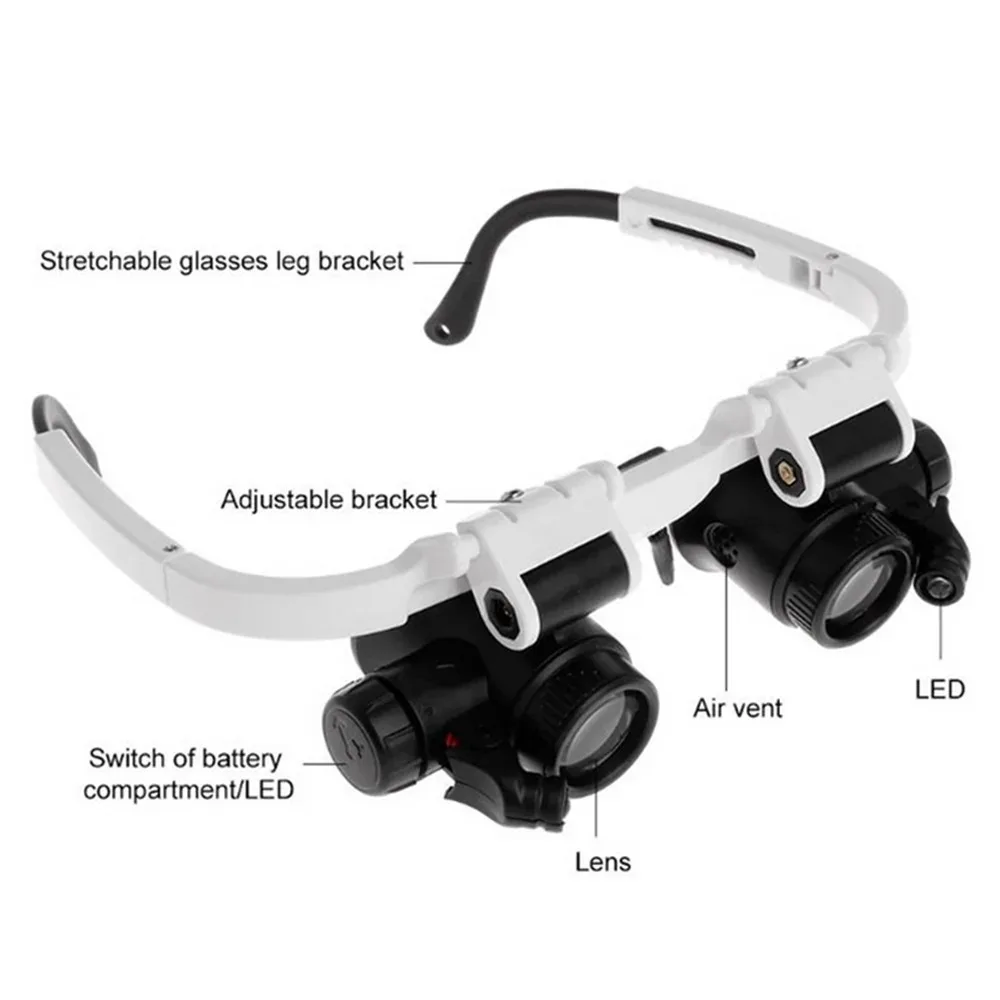 Head-Mounted Microscope Watch Jeweler Repair Magnifier with LED Light 8X 15X 23X Telescopic Magnifying Glasses Reading Loupe Len