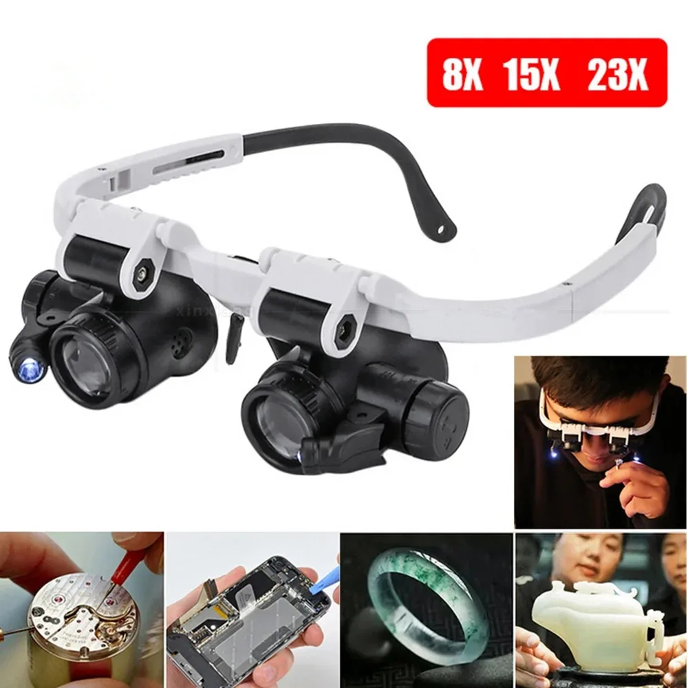 Head-Mounted Microscope Watch Jeweler Repair Magnifier with LED Light 8X 15X 23X Telescopic Magnifying Glasses Reading Loupe Len