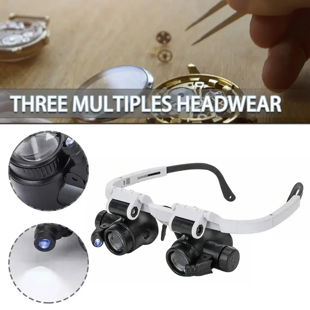 Head-Mounted Microscope Watch Jeweler Repair Magnifier with LED Light 8X 15X 23X Telescopic Magnifying Glasses Reading Loupe Len