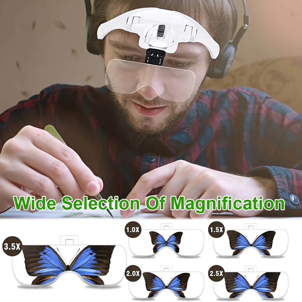 Head-mounted Magnifying Glasses with 2 LED Lights Magnifier 1.0X 1.5X 2.0X 2.5X 3.5X for Watch Repair Reading Magnifying Glasses