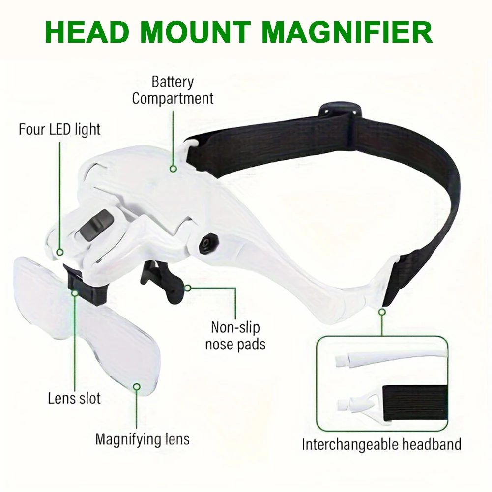 Head-mounted Magnifying Glasses with 2 LED Lights Magnifier 1.0X 1.5X 2.0X 2.5X 3.5X for Watch Repair Reading Magnifying Glasses