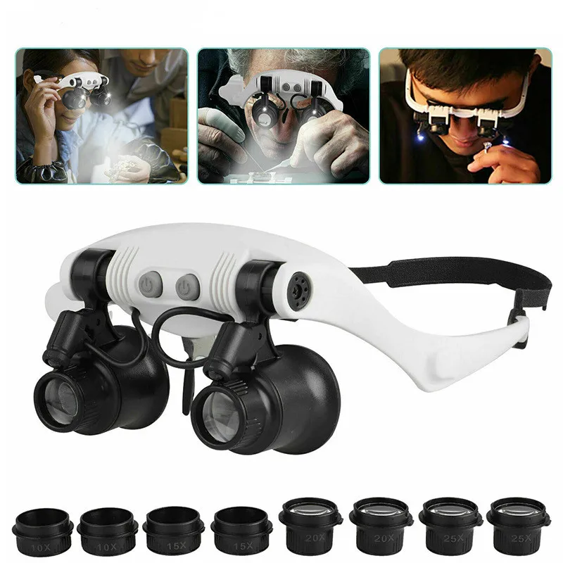 Magnifying Glasses 10X 15X 20X 25X Led Light Lamp Head Loupe Jeweler Headband Magnifier Eye Glasses Optical Glass Tool Repair