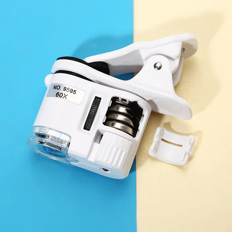 Universal Clip Microscope 60X LED Jewelry Magnifying Glass Focusing Adjusted Pocket Microscope with Cell Phone Clip UV Light