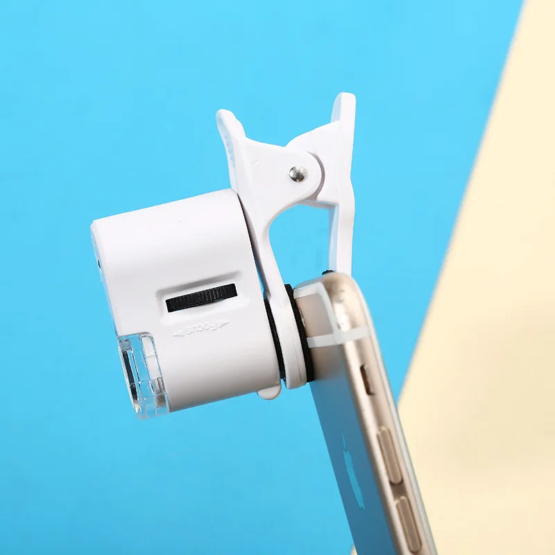 Universal Clip Microscope 60X LED Jewelry Magnifying Glass Focusing Adjusted Pocket Microscope with Cell Phone Clip UV Light