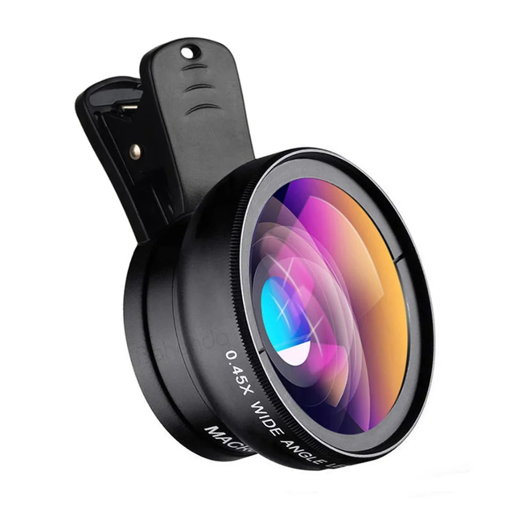 2 In 1 Clip-on Fish Eye Magnifiers Professional Mobile Phone Camera Lenses 15X Macro 0.45X Super Wide Angle Lens