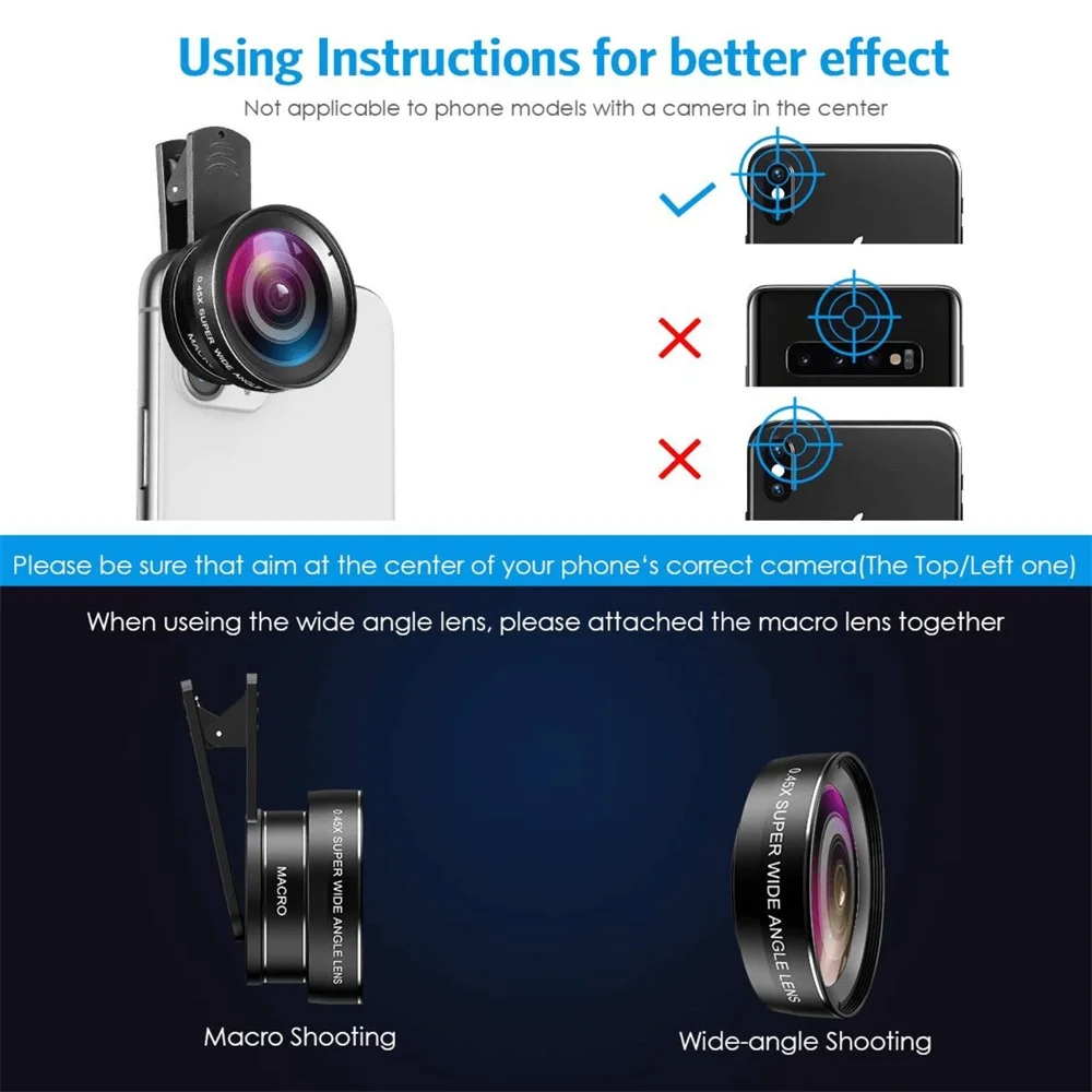 2 In 1 Clip-on Fish Eye Magnifiers Professional Mobile Phone Camera Lenses 15X Macro 0.45X Super Wide Angle Lens