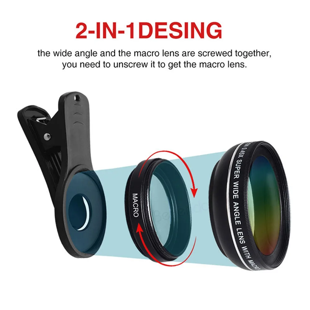 2 In 1 Clip-on Fish Eye Magnifiers Professional Mobile Phone Camera Lenses 15X Macro 0.45X Super Wide Angle Lens
