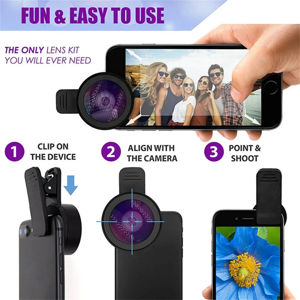 2 In 1 Clip-on Fish Eye Magnifiers Professional Mobile Phone Camera Lenses 15X Macro 0.45X Super Wide Angle Lens