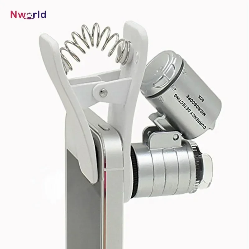 Universal Clip Microscope 60X LED Jewelry Magnifying Glass Focusing Adjusted Pocket Microscope with Cell Phone Clip UV Light