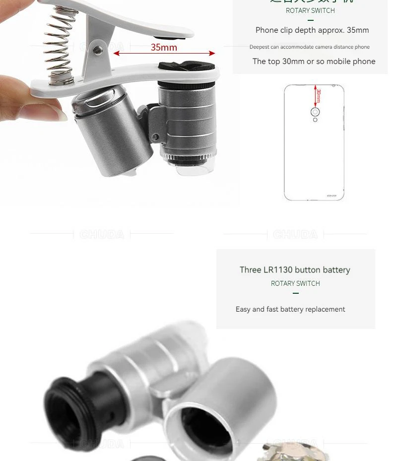 60X Mini Microscope Mobile Phone Microscope Magnifier Universal Clip-On Phone Magnifying Len for Coins Currency