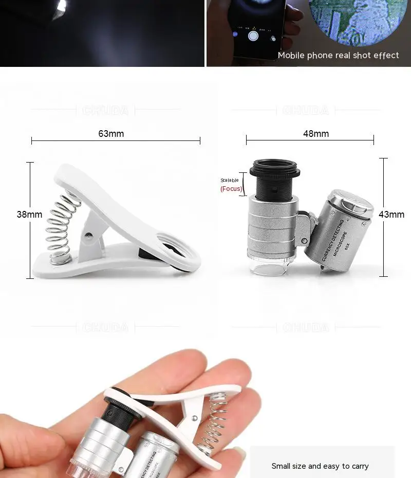 60X Mini Microscope Mobile Phone Microscope Magnifier Universal Clip-On Phone Magnifying Len for Coins Currency