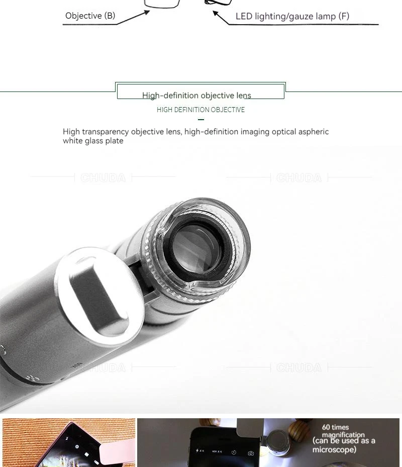 60X Mini Microscope Mobile Phone Microscope Magnifier Universal Clip-On Phone Magnifying Len for Coins Currency