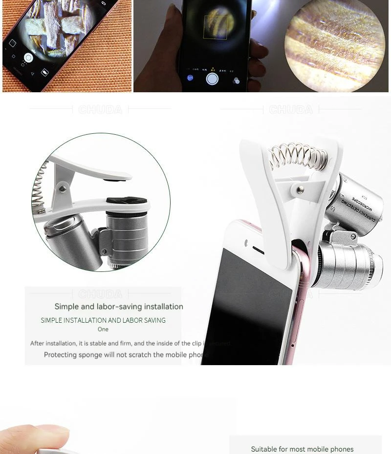 60X Mini Microscope Mobile Phone Microscope Magnifier Universal Clip-On Phone Magnifying Len for Coins Currency