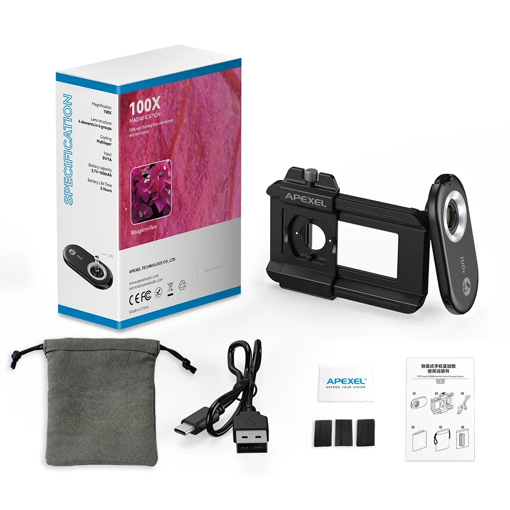 APEXEL 3 in 1 Mobile Phone Microscope Lens Kits 100X 150X 200X Macro magnifier Biological Microscope for Phone Lens with LED CPL
