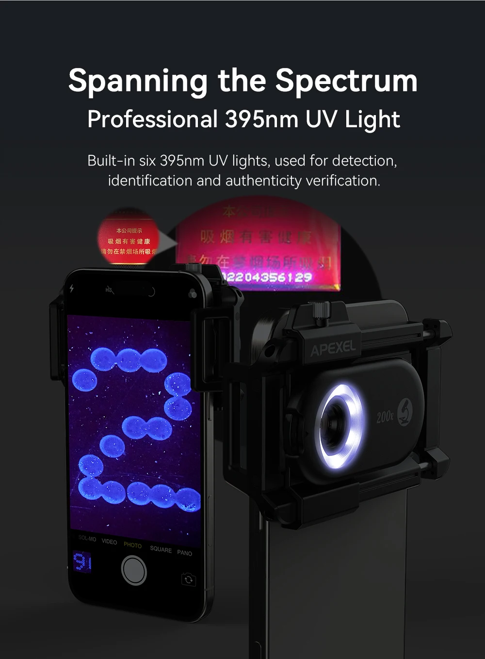 APEXEL 3 in 1 Mobile Phone Microscope Lens Kits 100X 150X 200X Macro magnifier Biological Microscope for Phone Lens with LED CPL