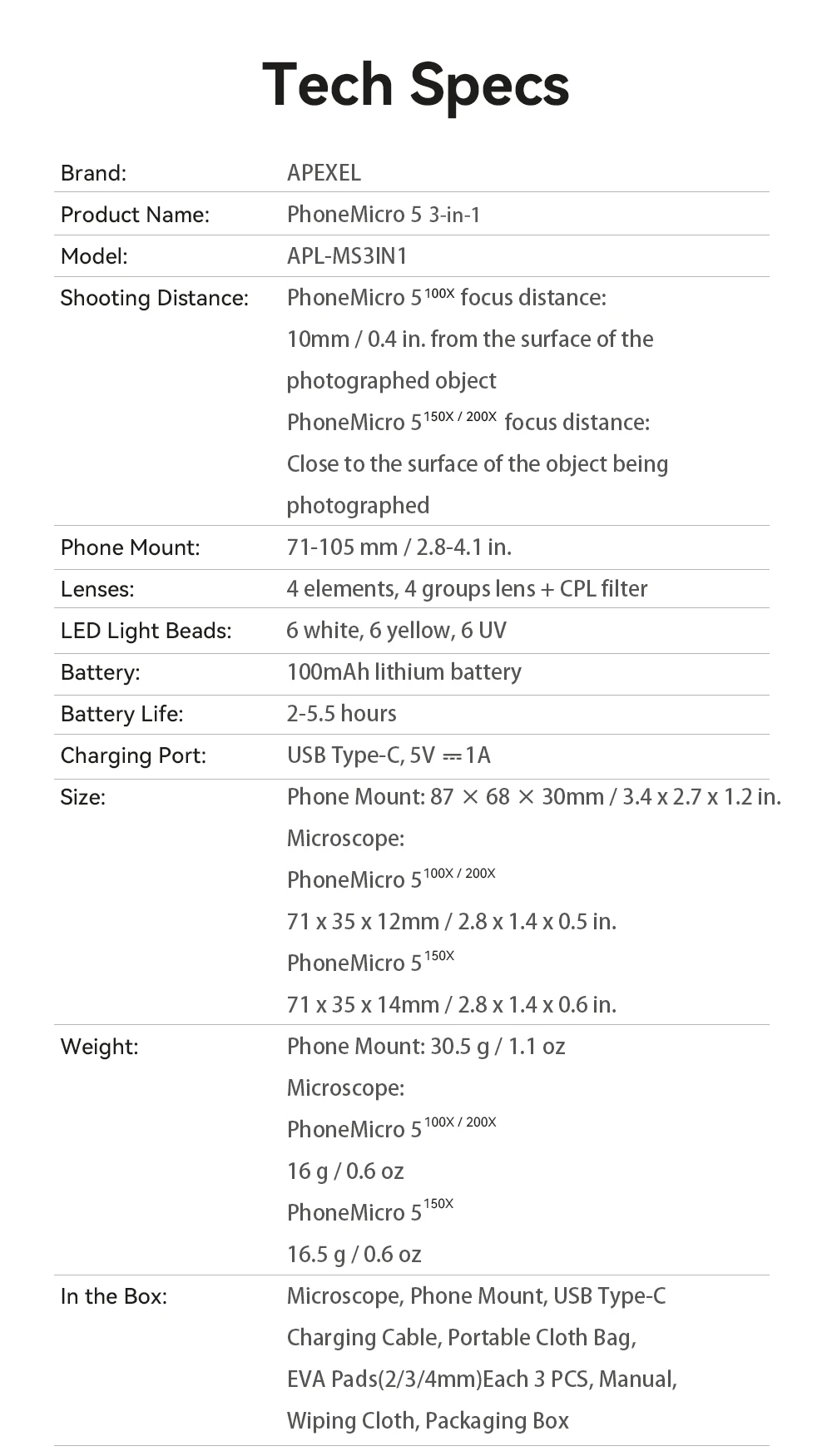 APEXEL 3 in 1 Mobile Phone Microscope Lens Kits 100X 150X 200X Macro magnifier Biological Microscope for Phone Lens with LED CPL