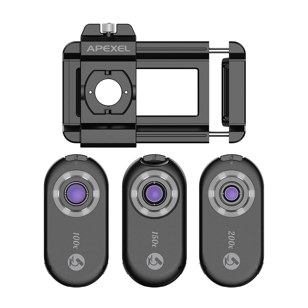 APEXEL 3 in 1 Mobile Phone Microscope Lens Kits 100X 150X 200X Macro magnifier Biological Microscope for Phone Lens with LED CPL