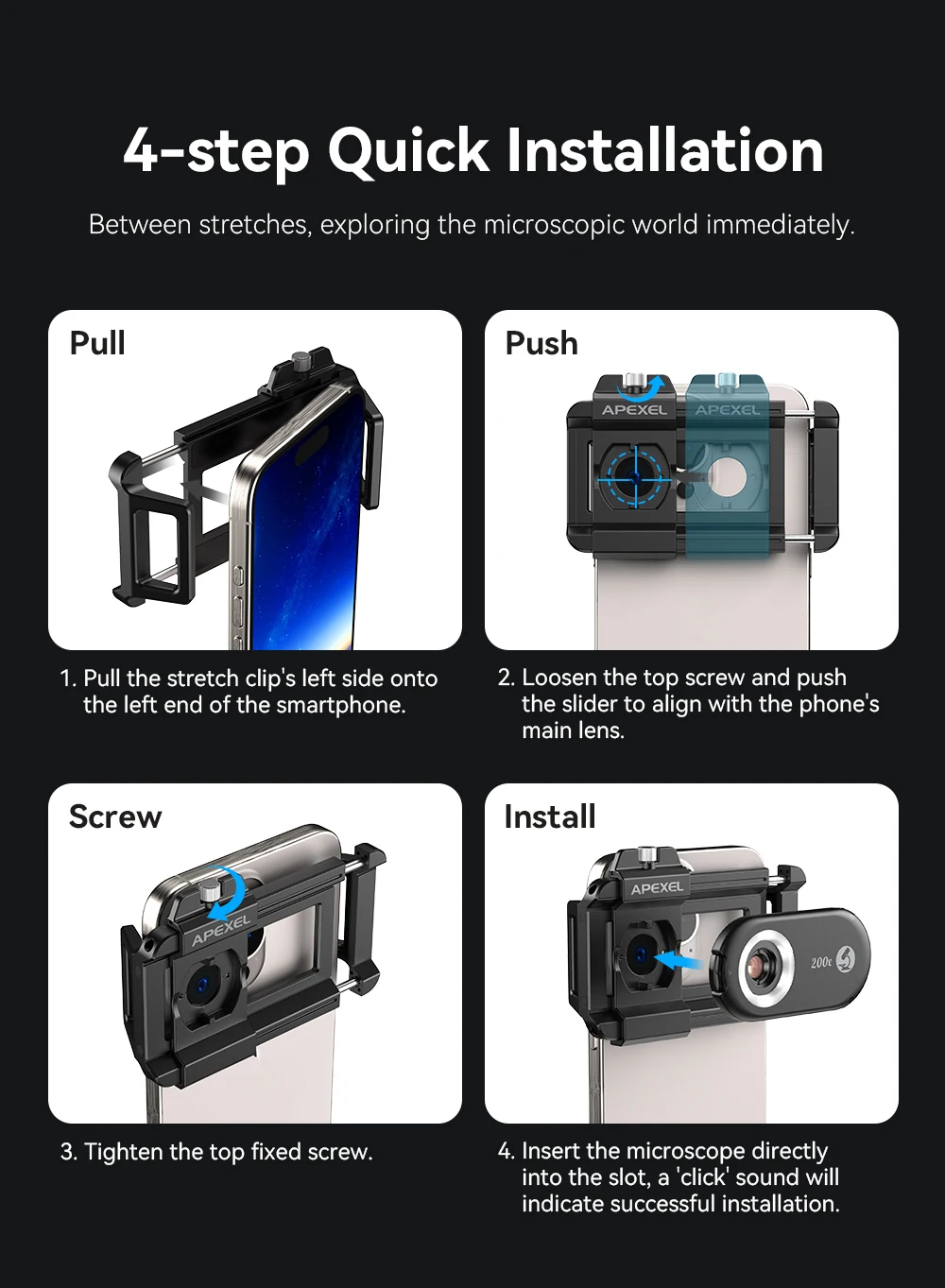 APEXEL 3 in 1 Mobile Phone Microscope Lens Kits 100X 150X 200X Macro magnifier Biological Microscope for Phone Lens with LED CPL