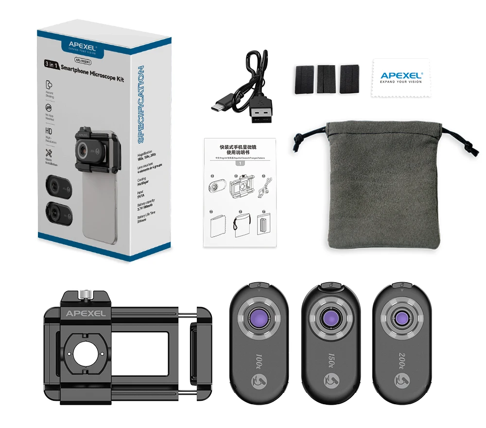 APEXEL 3 in 1 Mobile Phone Microscope Lens Kits 100X 150X 200X Macro magnifier Biological Microscope for Phone Lens with LED CPL