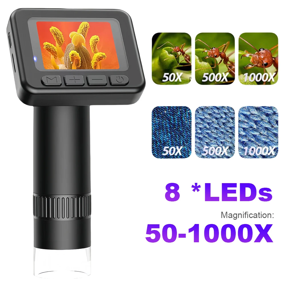 50-1000X High Definition Magnifying Glass Handheld HD Digital Microscope 2 Inch LCD Screen for Biological Observe Skin Detection