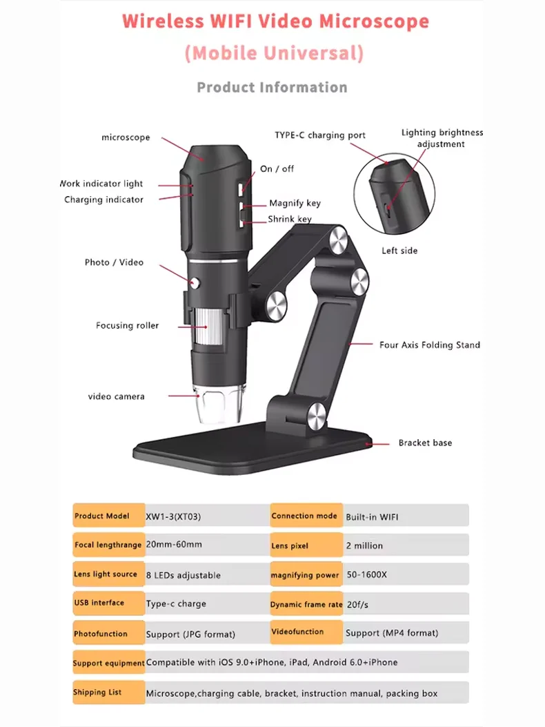 Dodosee 2025 New WiFi Electronic Microscope 1600x HD Digital Magnifiers For Phone Repair Adjustable Stand Loupes For Android/iOS