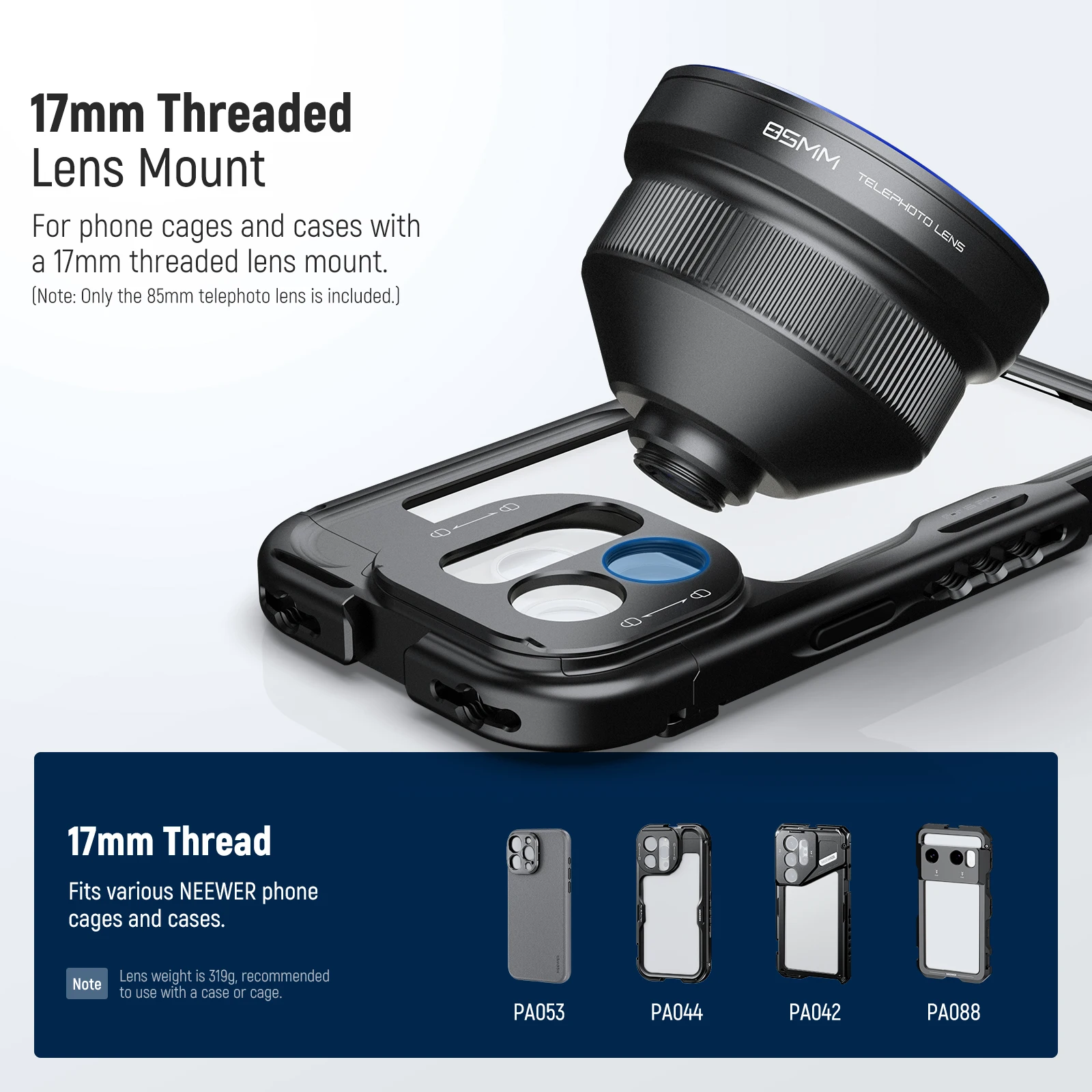 NEEWER HD 85MM Telephoto Phone Lens for 17mm Backplate 2.5X Magnification For iPhone Samsung Phone Cage Case