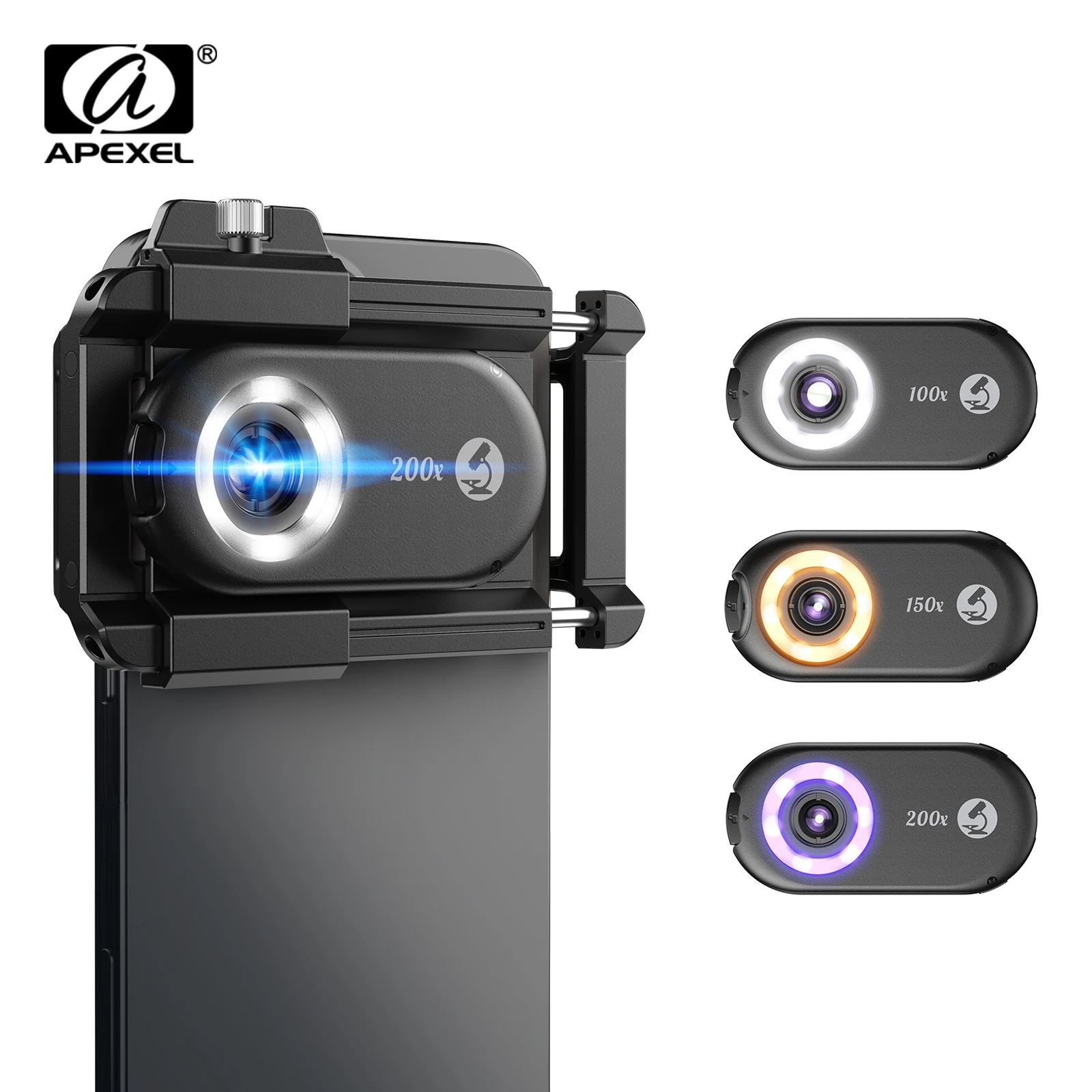 APEXEL New Upgrated 100X-200X Microscope Lens  3in 1Phone Camera Lens Kit Macro Lenses with LED Light for almost All Smartphone