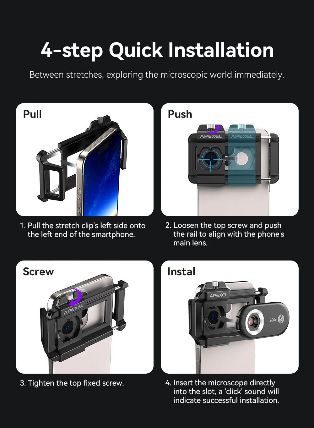 APEXEL New Upgrated 100X-200X Microscope Lens  3in 1Phone Camera Lens Kit Macro Lenses with LED Light for almost All Smartphone