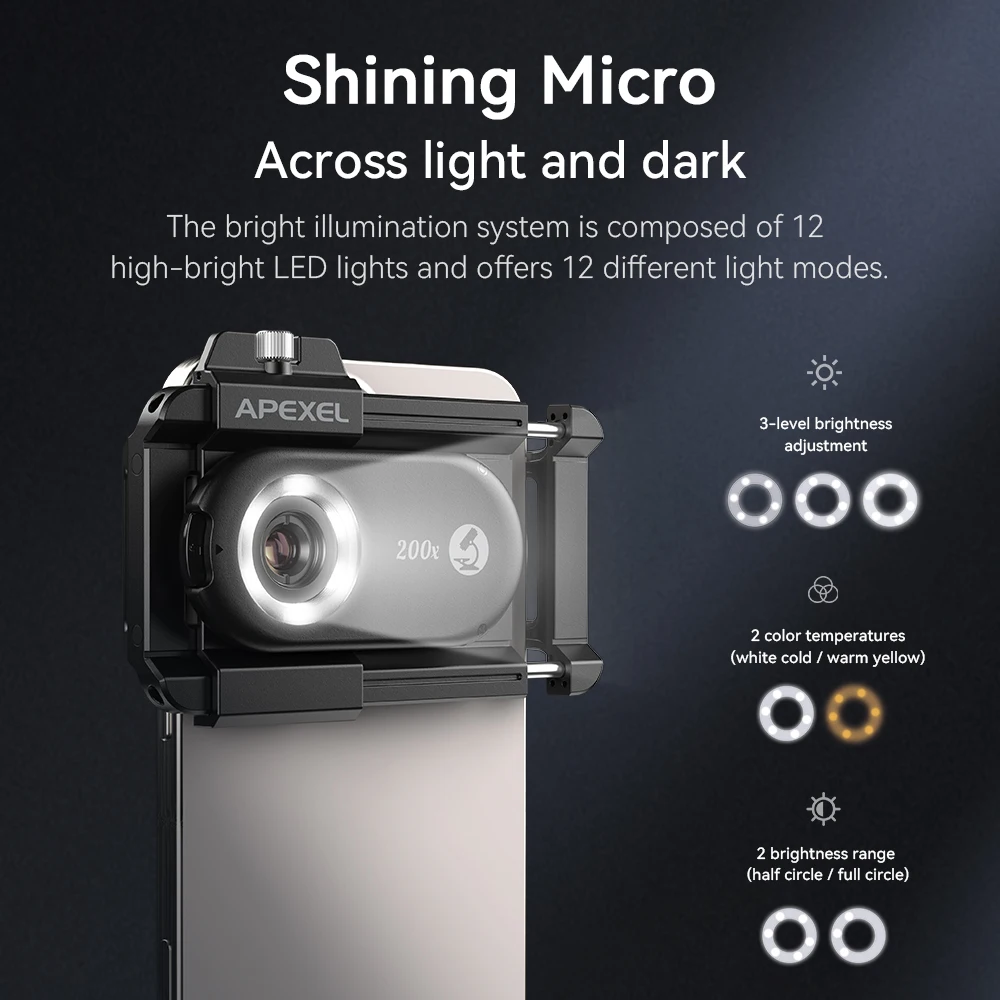 APEXEL New Upgrated 100X-200X Microscope Lens  3in 1Phone Camera Lens Kit Macro Lenses with LED Light for almost All Smartphone