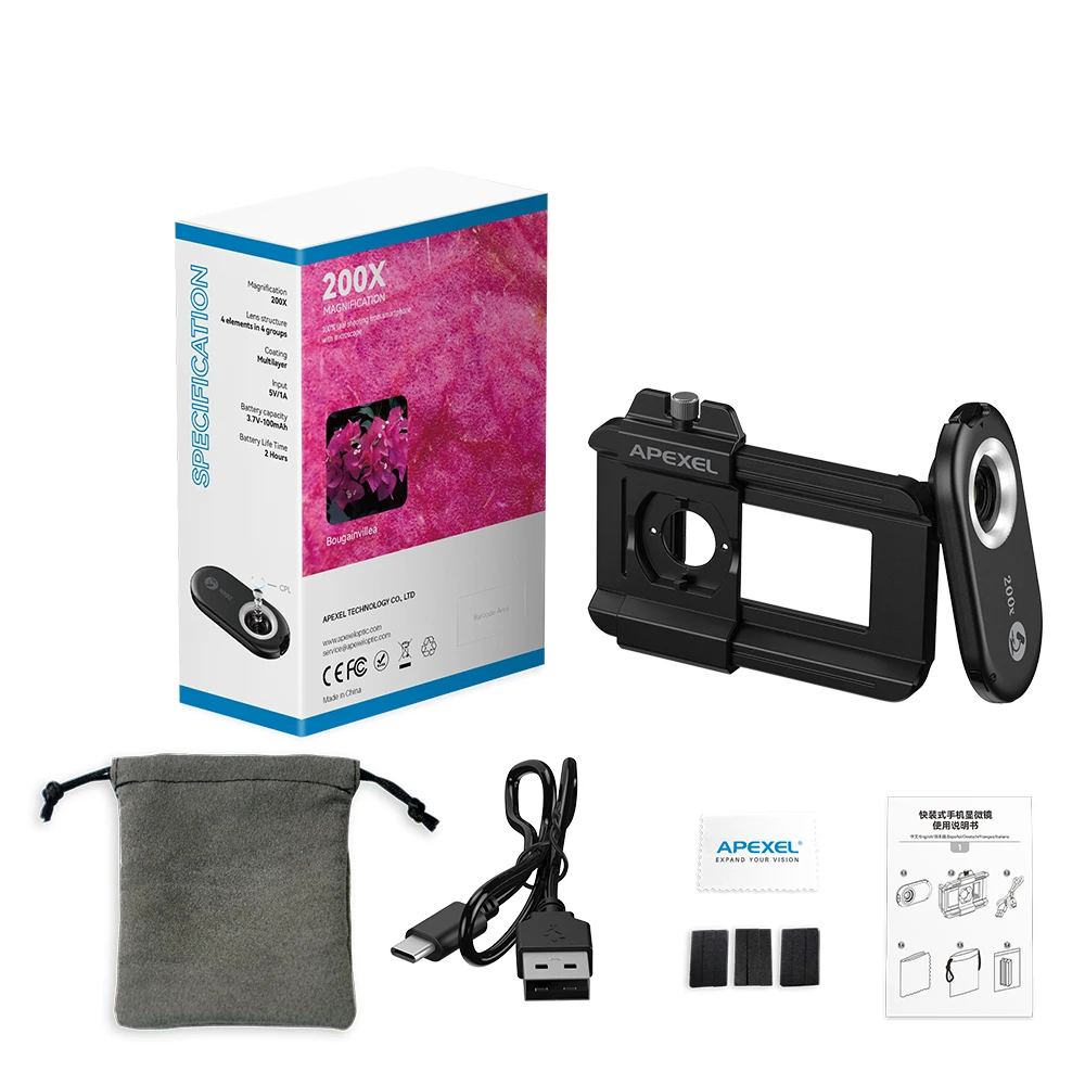APEXEL New Upgrated 100X-200X Microscope Lens  3in 1Phone Camera Lens Kit Macro Lenses with LED Light for almost All Smartphone