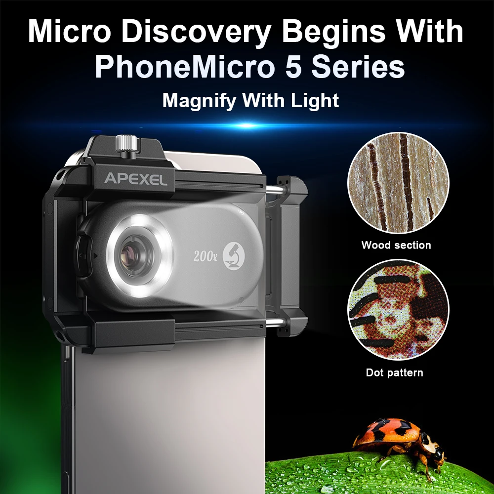 APEXEL New Upgrated 100X-200X Microscope Lens  3in 1Phone Camera Lens Kit Macro Lenses with LED Light for almost All Smartphone