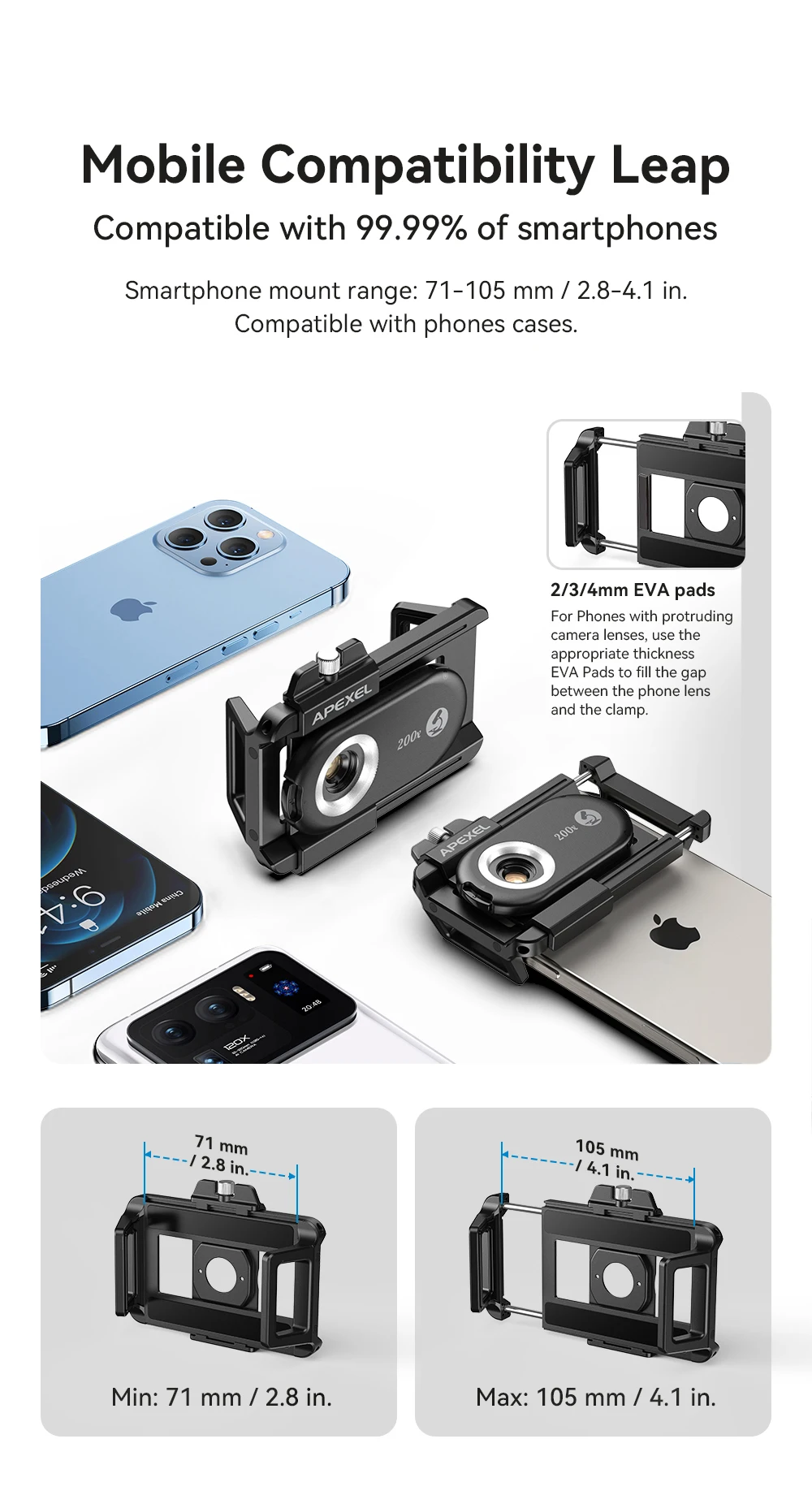 APEXEL New Upgrated 100X-200X Microscope Lens  3in 1Phone Camera Lens Kit Macro Lenses with LED Light for almost All Smartphone