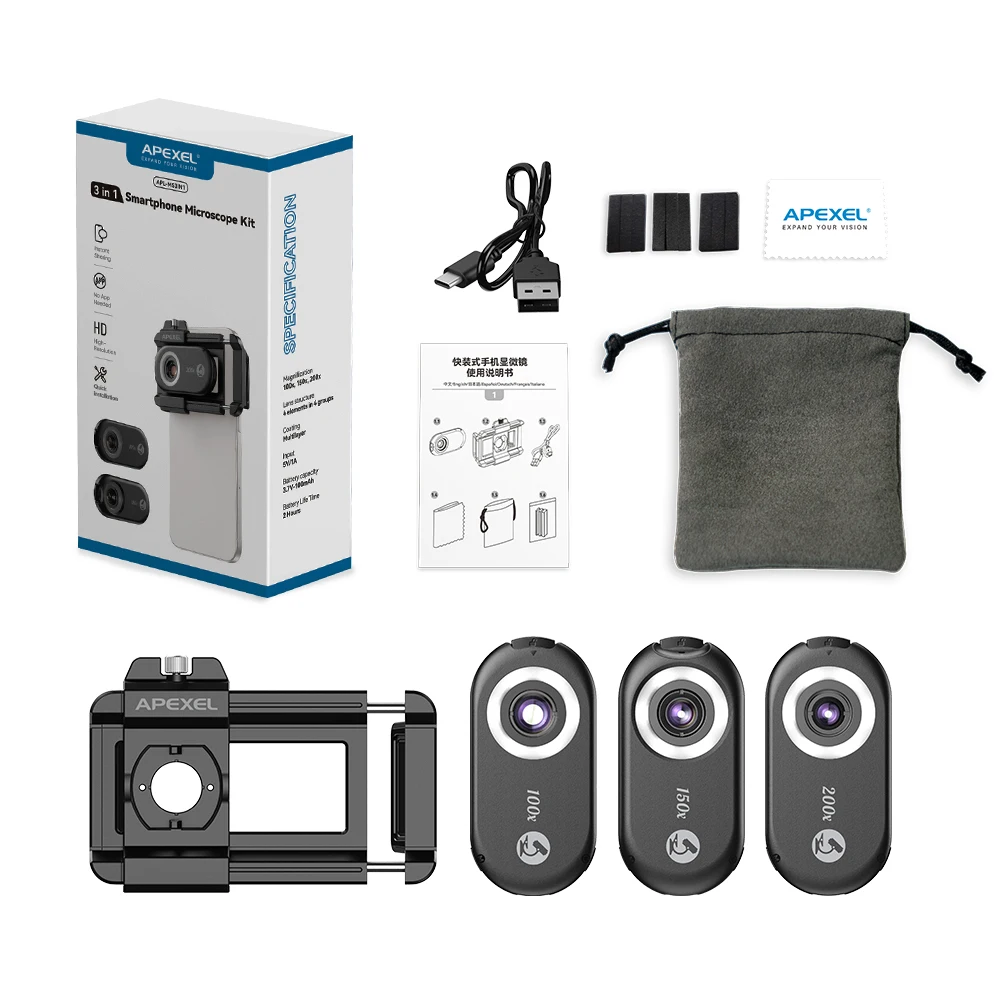 APEXEL New Upgrated 100X-200X Microscope Lens  3in 1Phone Camera Lens Kit Macro Lenses with LED Light for almost All Smartphone