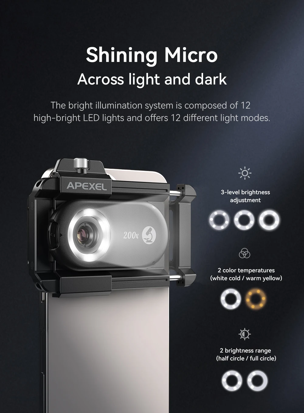 APEXEL New Upgrated 100X-200X Microscope Lens  3in 1Phone Camera Lens Kit Macro Lenses with LED Light for almost All Smartphone