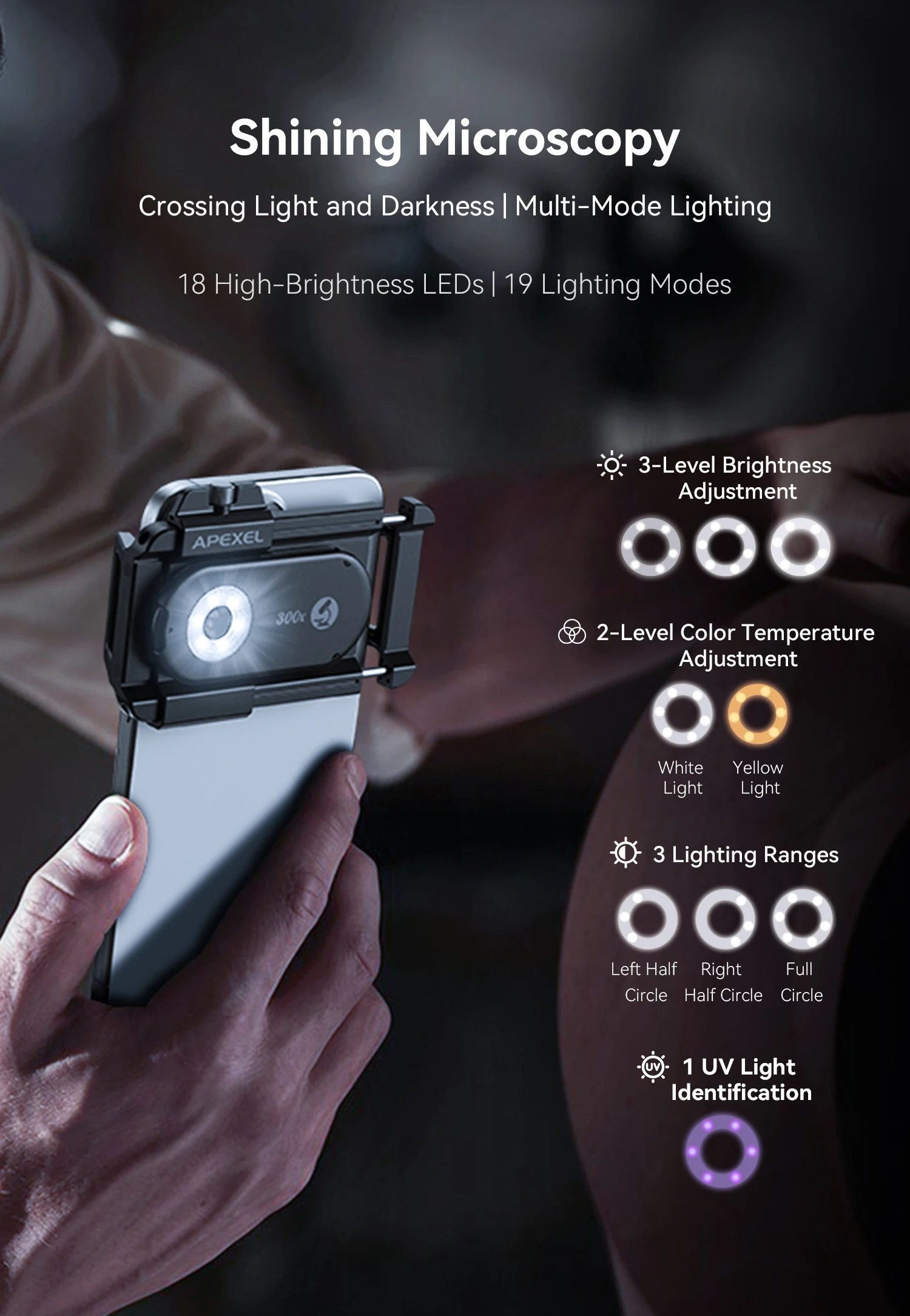 APEXEL New Upgraded 300X Microscope Lens Mobile Phone Camera Lens Kit Mini Macro Lenses with LED Light for almost All Smartphone