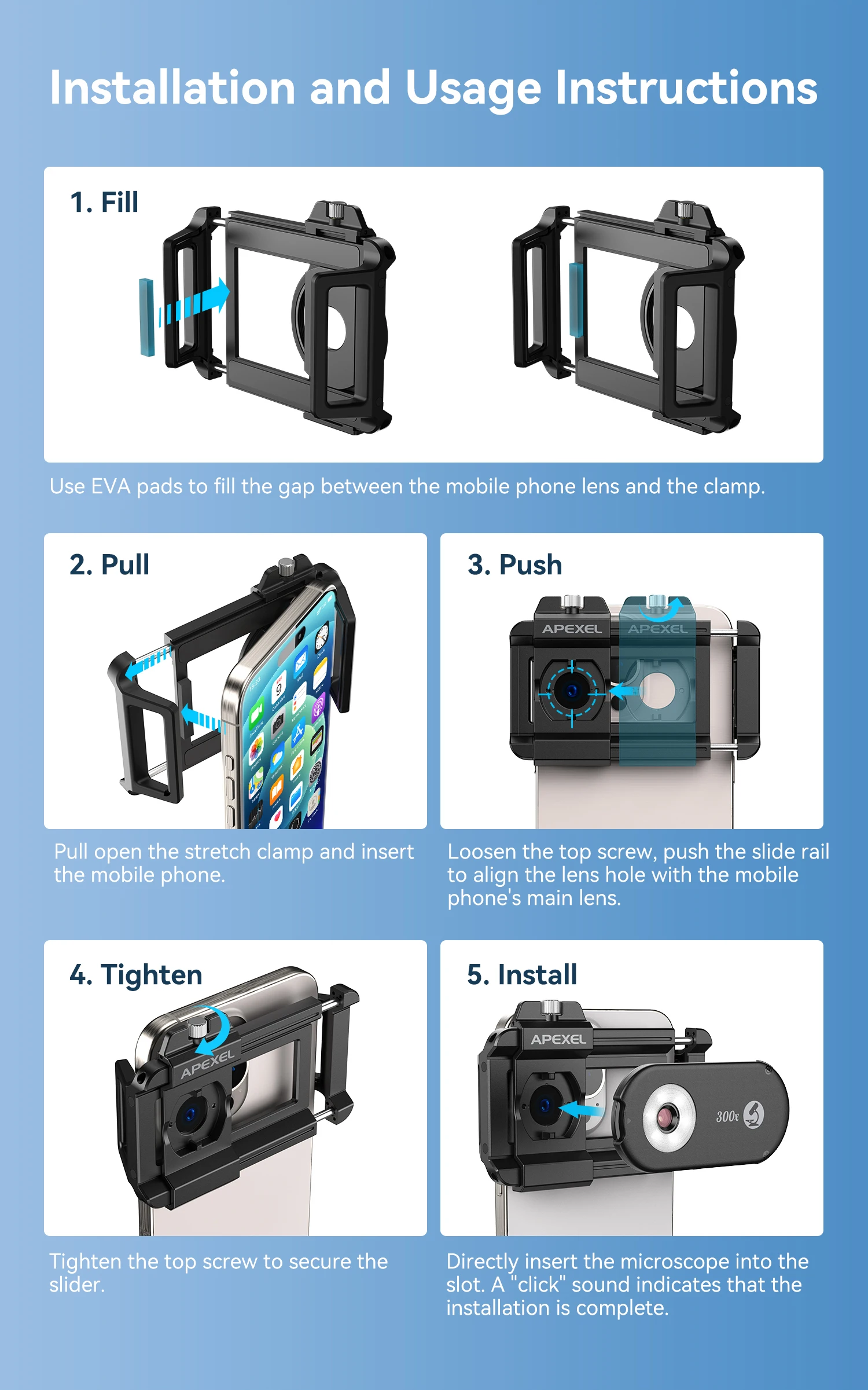 APEXEL New Upgraded 300X Microscope Lens Mobile Phone Camera Lens Kit Mini Macro Lenses with LED Light for almost All Smartphone