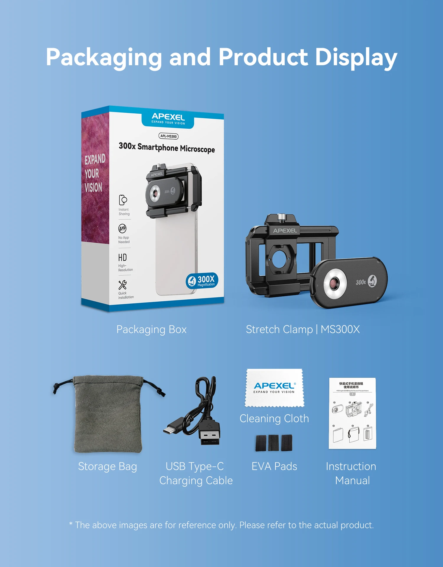 APEXEL New Upgraded 300X Microscope Lens Mobile Phone Camera Lens Kit Mini Macro Lenses with LED Light for almost All Smartphone