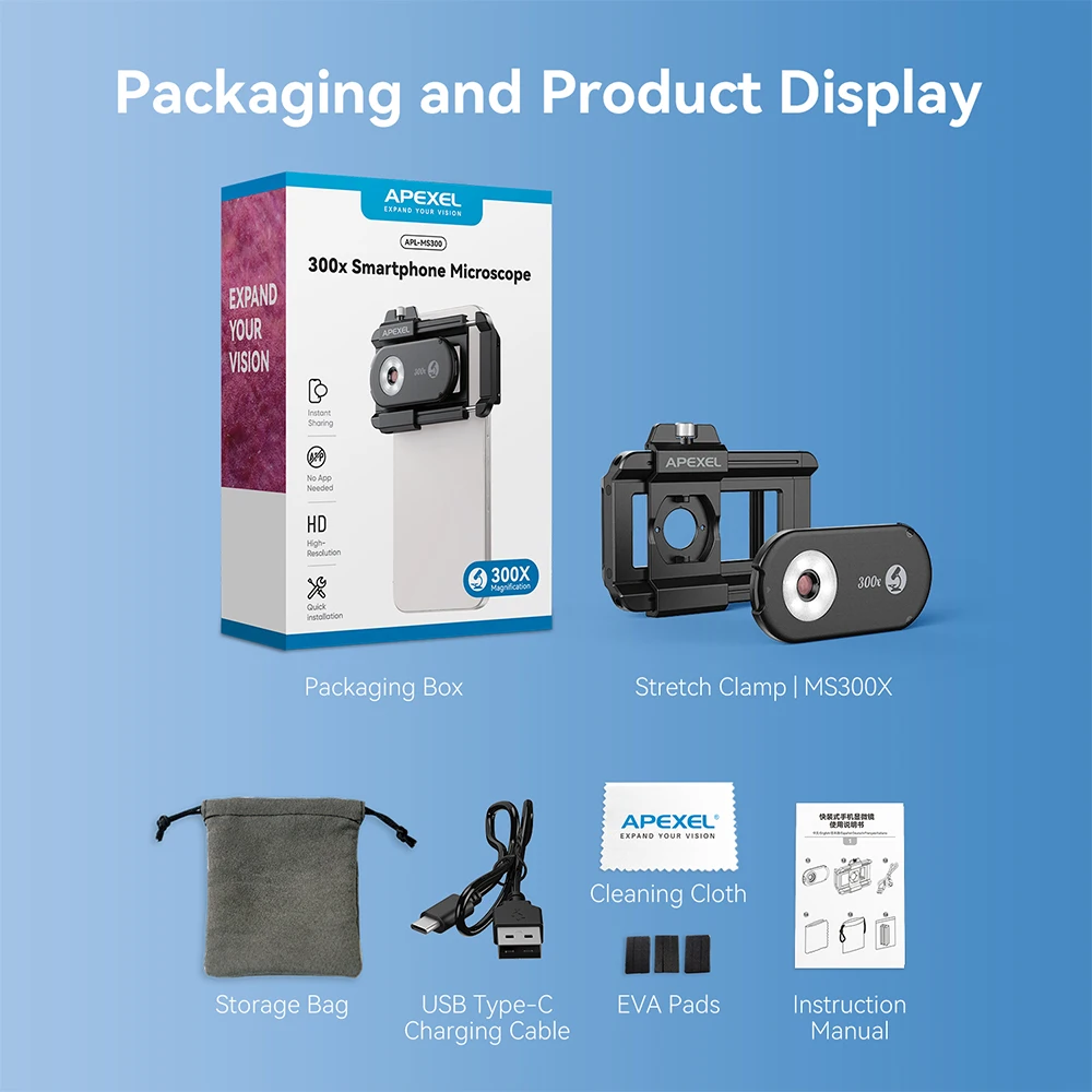 APEXEL New Upgraded 300X Microscope Lens Mobile Phone Camera Lens Kit Mini Macro Lenses with LED Light for almost All Smartphone