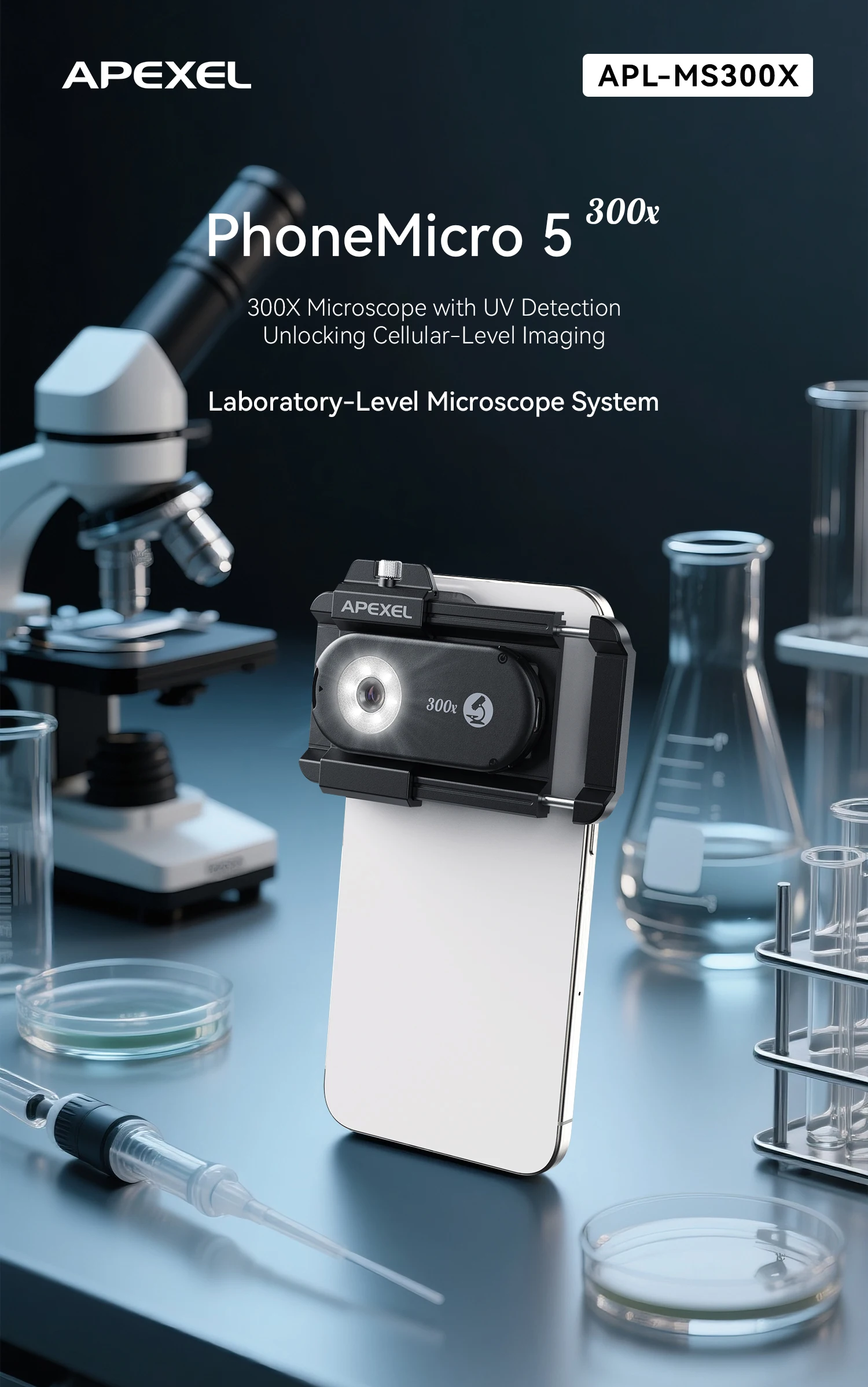 APEXEL New Upgraded 300X Microscope Lens Mobile Phone Camera Lens Kit Mini Macro Lenses with LED Light for almost All Smartphone